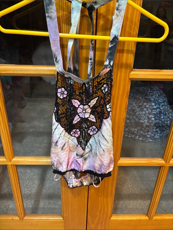 Spell Tops - Spell Tie-Dye Pastel halter Top with Black Lace Floral Applique